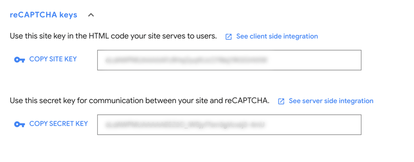 A screengrab of the keys area with the Google reCAPTCHA settings area