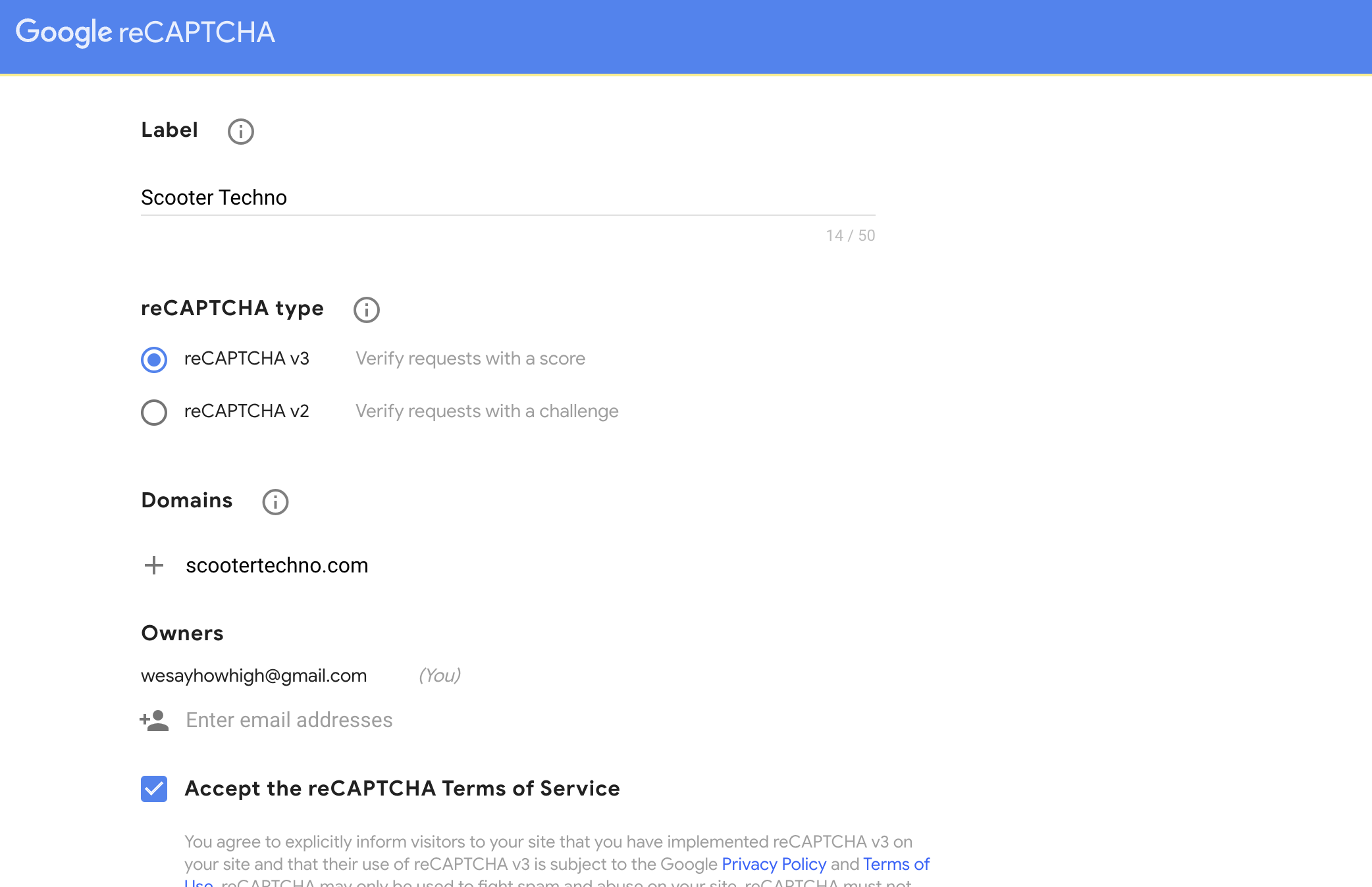 A screengrab of creating a new property in Google reCAPTCHA Admin Console