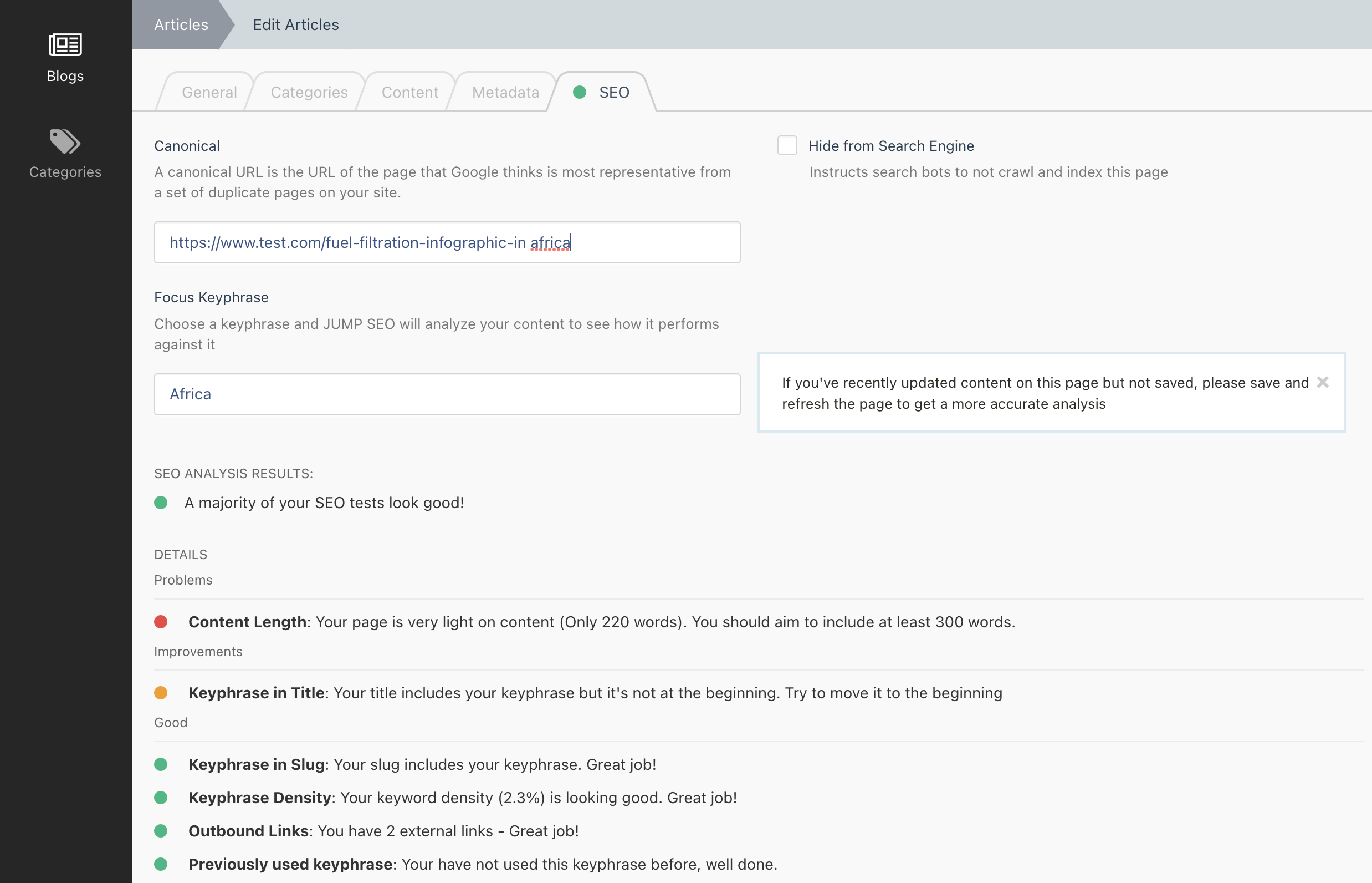 An overview example of the SEO functionality